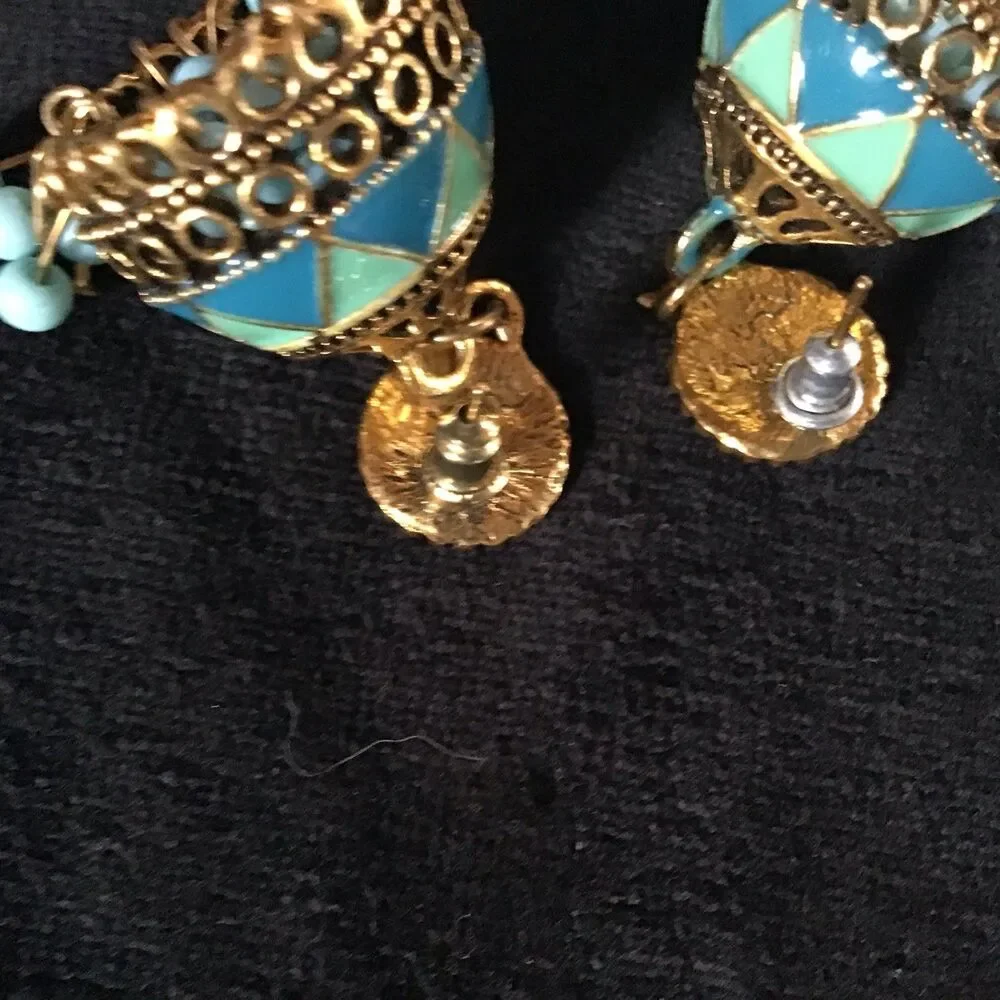 Blue Enamel Dangle Earrings Pierced Posts 1.5” Beaded Bell Shape Boho